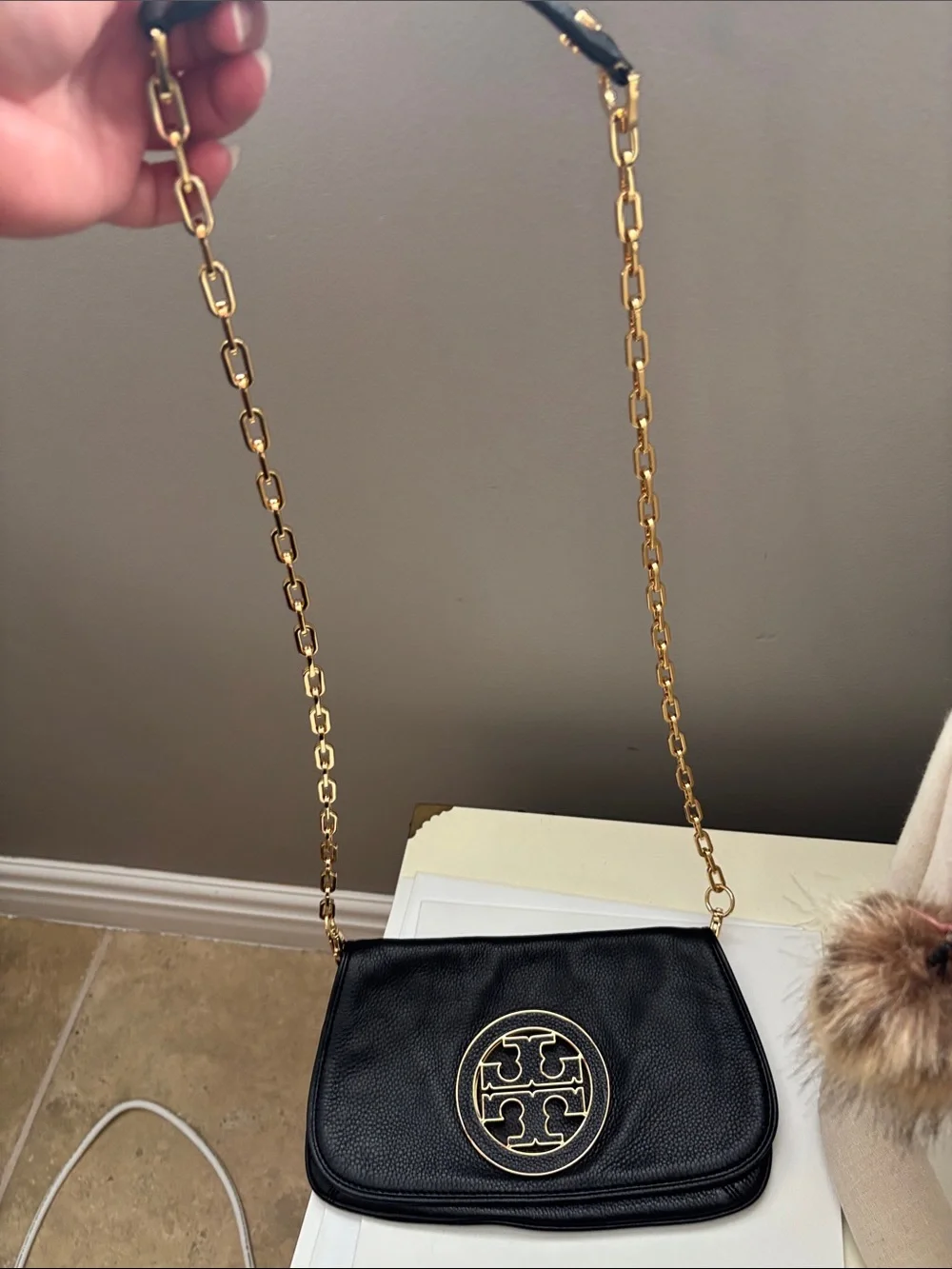 Tory Burch Black Leather Crossbody with Gold Chain Strap